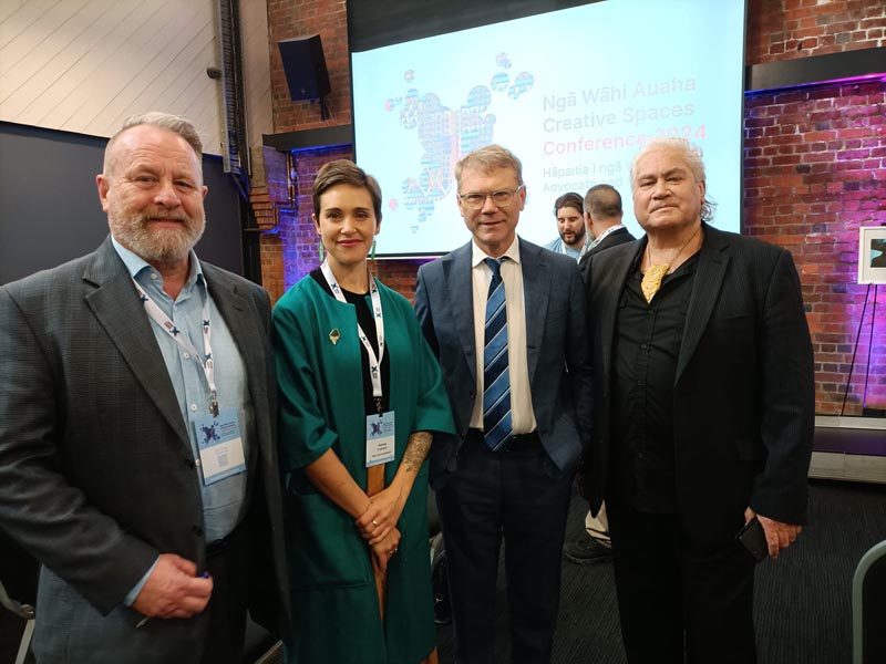 Richard Benge, Victoria Crockford, Hon Paul Goldsmith and Te Aturangi Nepia-Clamp before the opening of Ngā Wāhi Auaha Creative Spaces Conference 2024
